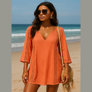SOLITAIRE boho eyelet boho crochet tunic top orange size S